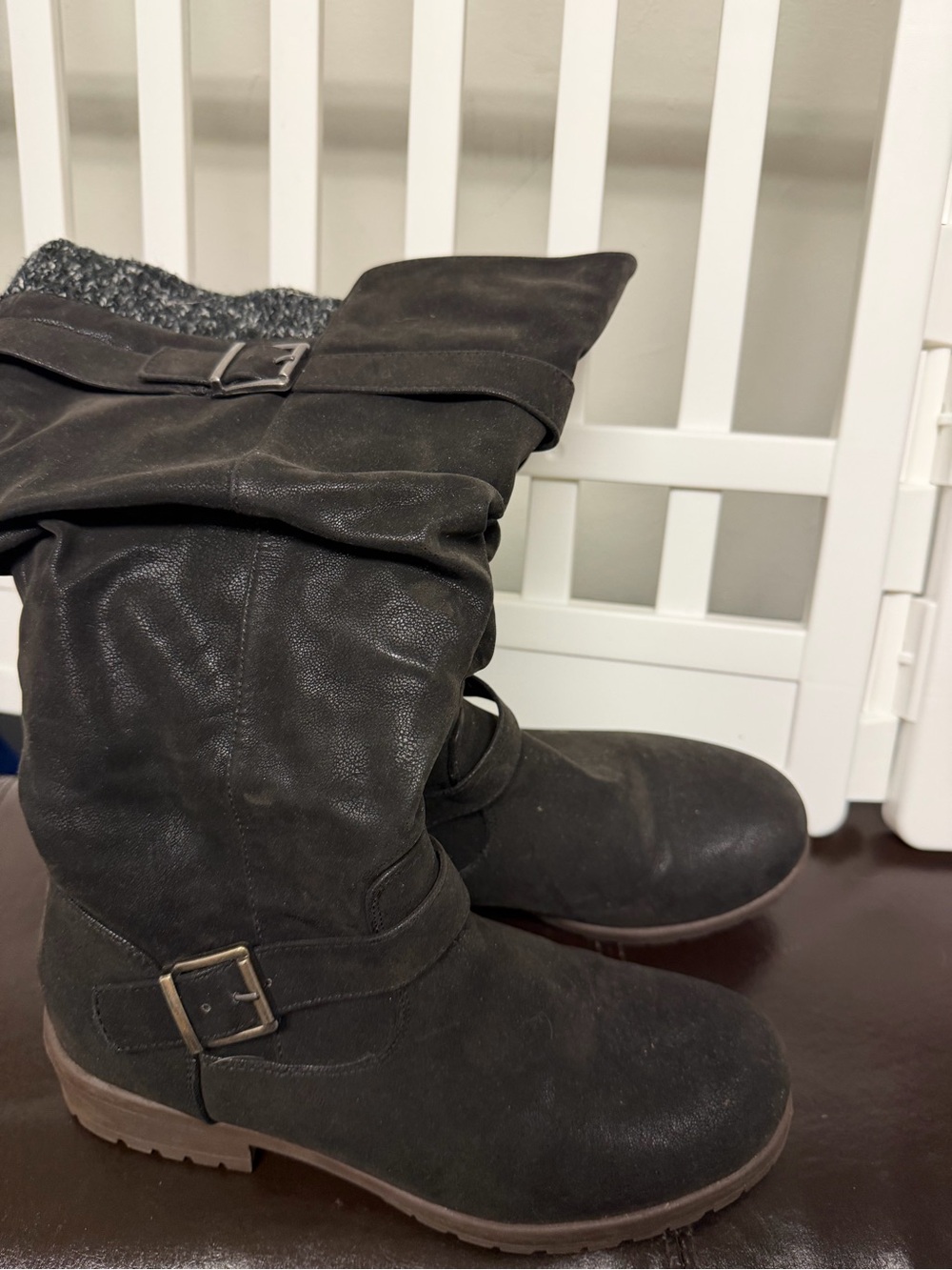 Maurices Black Mid-Calf Buckle Heeled Boots-Wide Calf